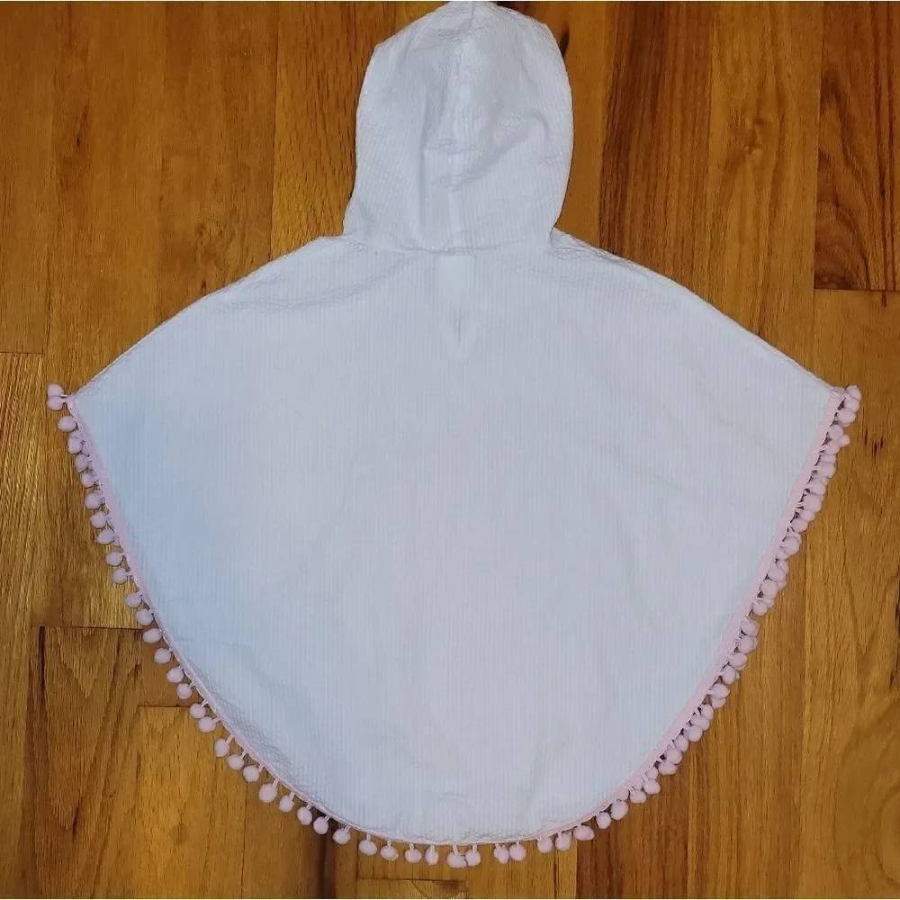 NWOT Boutique Monogramable White Seersucker Pink Pom Poms Poncho/Cover Up 18M
